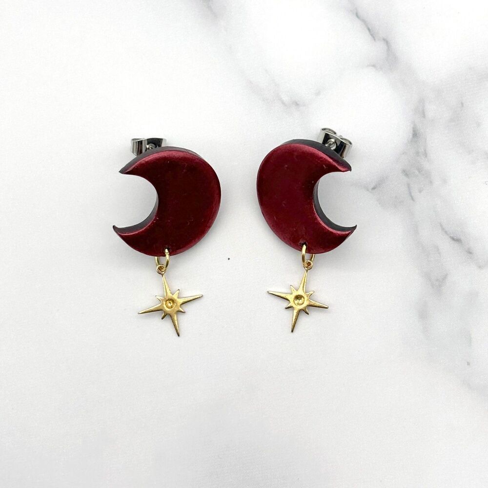 Red Moon and Star Dangle Earrings | Polymer Clay Crescent Jewelry - Picture 10 of 11